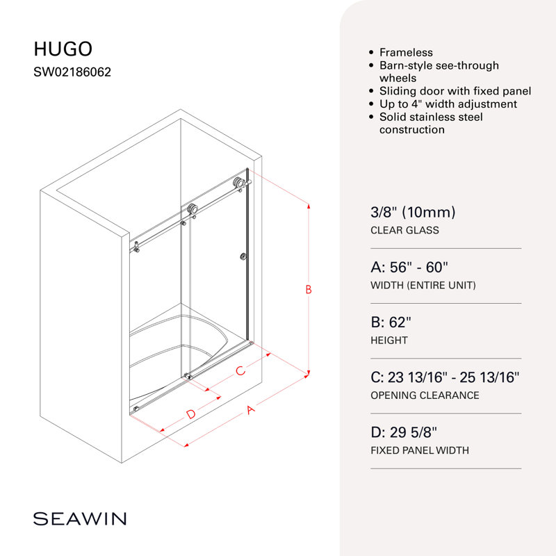 Hugo 56 - Porte de baignoire coulissante sans cadre 60 x 62 po en verre trempé transparent 3/8 po, Acier Inoxydable