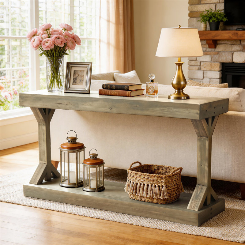 47.24” Console Table Long Farmhouse Solid Fur Wood Console Entryway Table For Hallway With Shelf, Gray Wood