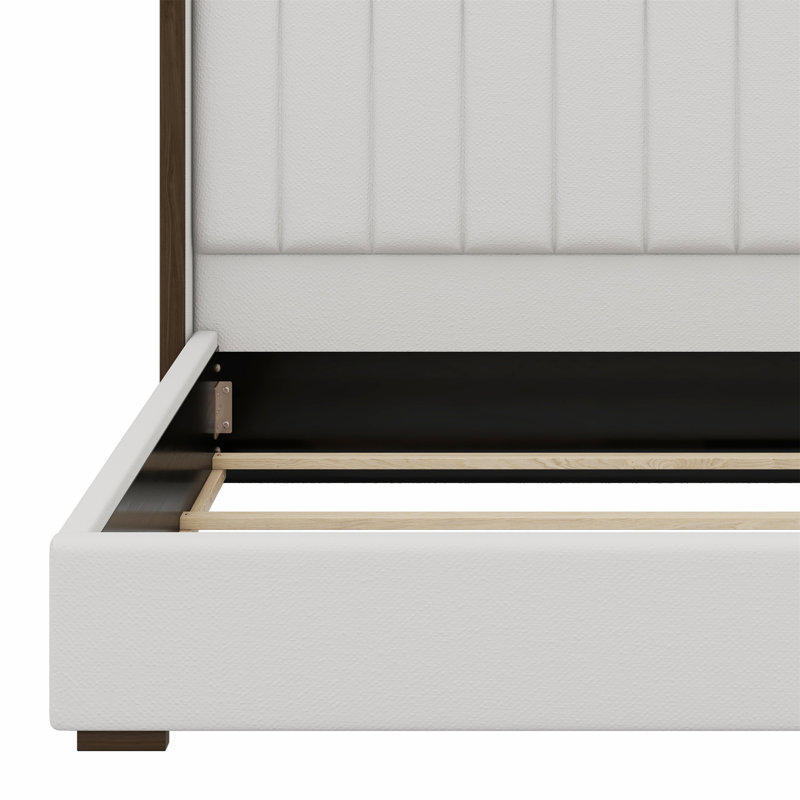 Tall Headboard Upholstered Bed With Vertical Striped And Wingback Design