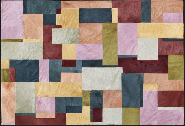 Pastiche Cowhide Patchwork Area Rug in Yellow/Red/Dark Green, Rectangle 9' x 12'