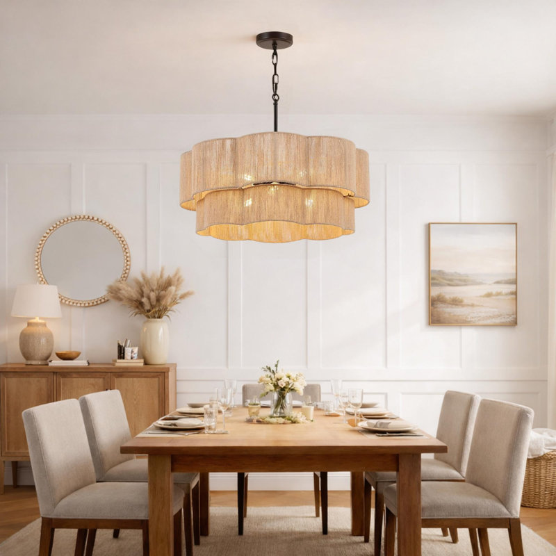 23.2" 6-Light Scalloped Rope Drum Chandelier, Bronze, Brown