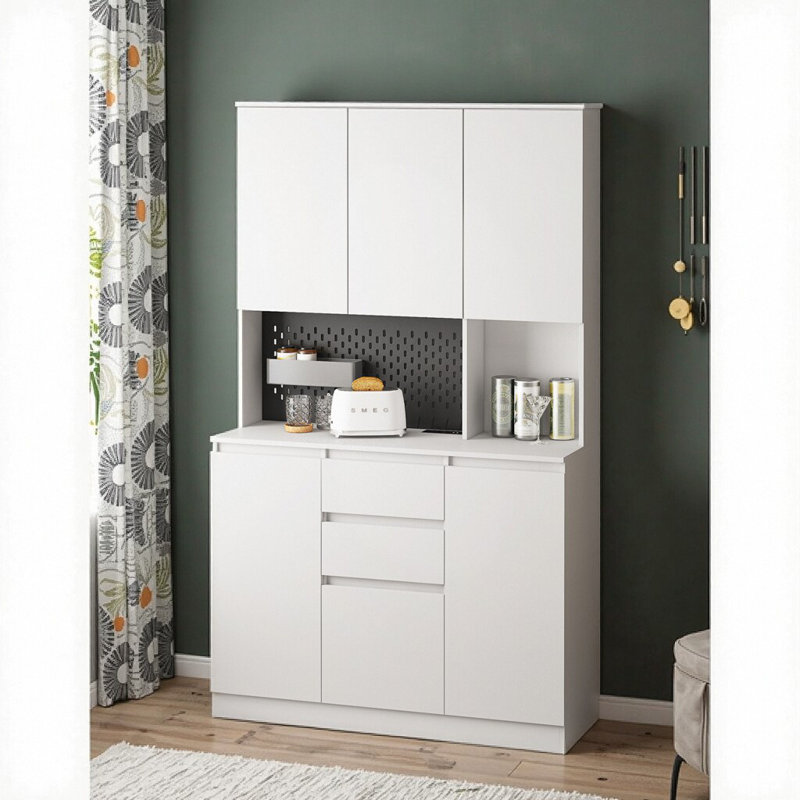 Armoire garde-manger autoportante blanche 74 po avec station de charge, tablette à micro-ondes et rangement pour tiroir - Armoire à buffet pour la cuisine, la salle à manger
