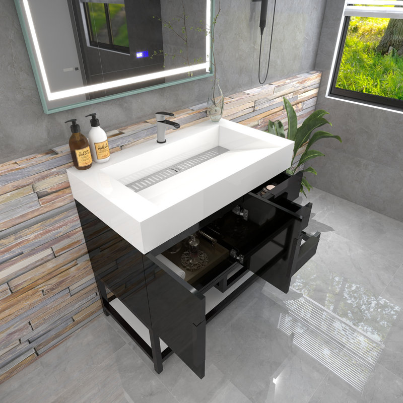 Finition du meuble-lavabo sur pied simple 36 po Jessica / Base: Chêne blanc, Noir brillant