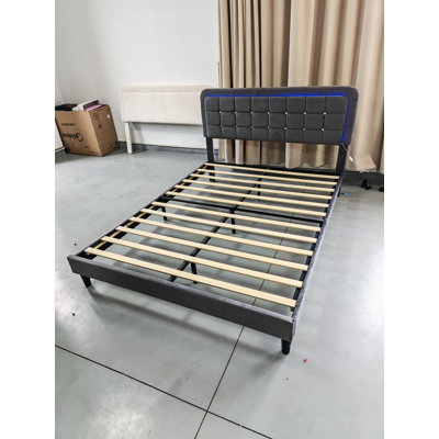 Cadre de lit plateforme rembourré Queen Size, 209 cm L x 158 cm l x 107 cm H, tête de lit capitonnée avec sommier à lattes en bois, cadre de lit en métal, aucun sommier requis, montage facile pour la chambre à coucher
