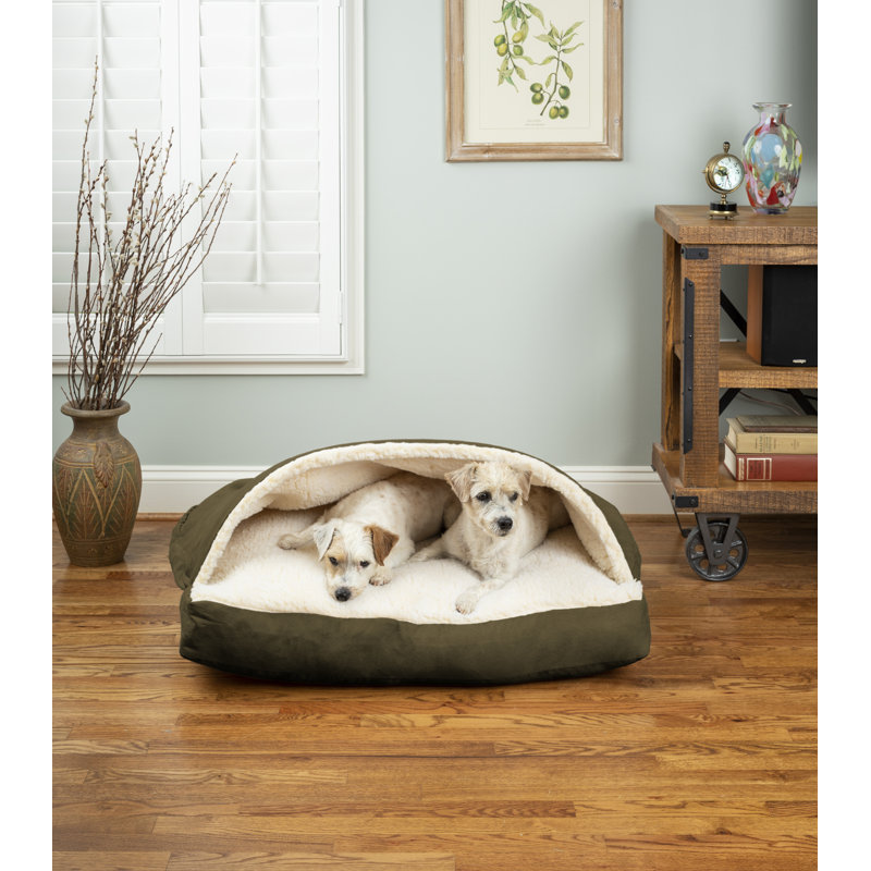 Small Olive Poly-Cotton Cozy Cave Dog Bed