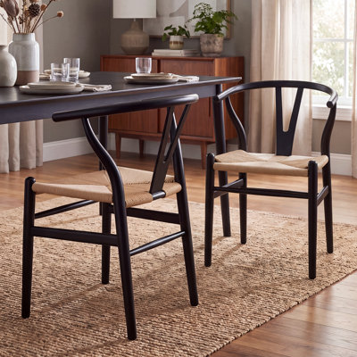 Chaise de salle à manger en hêtre massif avec dossier en Y et assise en corde tressée – Chaise d'appoint moderne du milieu du siècle, 3 finitions