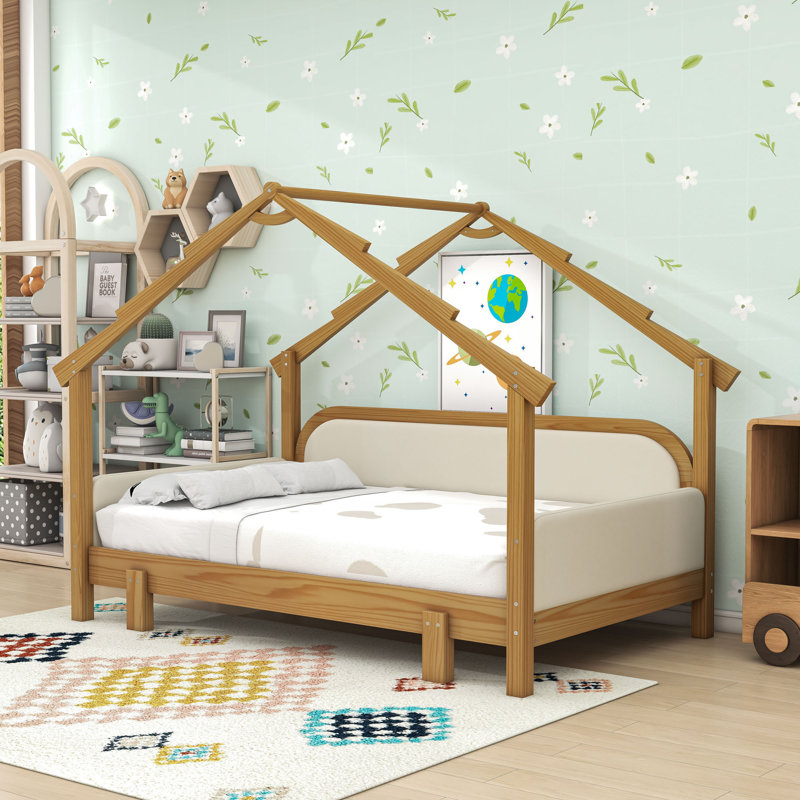 Lit en bois avec barrières rembourrées, Blanc