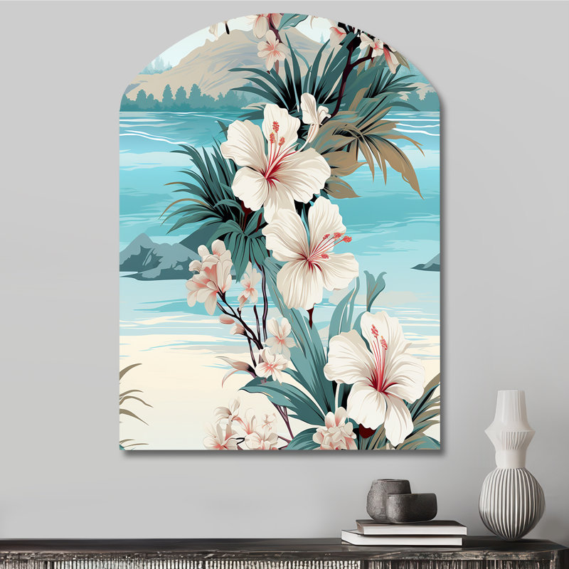 Motif tropical de bord de mer, impression sur métal, arche côtière, art mural blanc asymétrique en métal, H 34 po x l 25 po