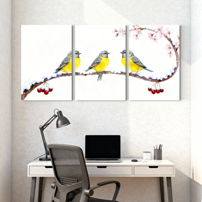 Birds Three Birds On Snowy Branch With Berries Set of 3 Canvas Wall Art Prints