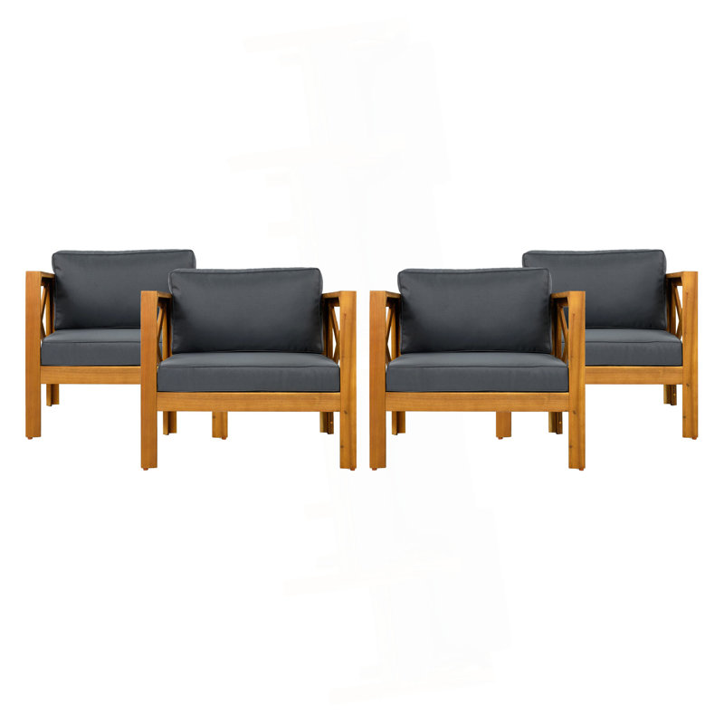 Fauteuil club d'extérieur en bois d'acacia avec coussins (ensemble de 4), ensemble de conversation, convient aux rassemblements extérieurs, finition teck