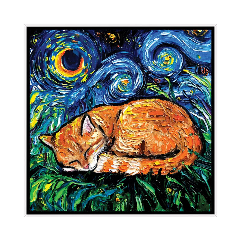 «Orange Tabby Night» par Aja Treves - reproduction d'art, H 26 po x l 26 po x P 1,5 po, Toile blanche encadrée, Pas de tapis