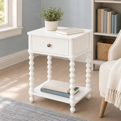 White Nightstand with Drawer and Spindle Wood Legs