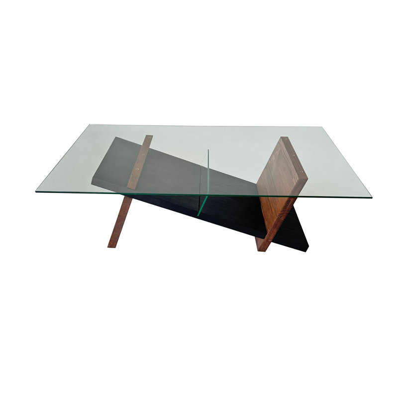 Table basse moderne avec plateau 100% verre trempé et structure en bois de pin massif, finition noire et châtaignier, 41,3 po x 12,2 po x 25,6 po | Design élégant pour le salon et le bureau, meubles durables et élégants