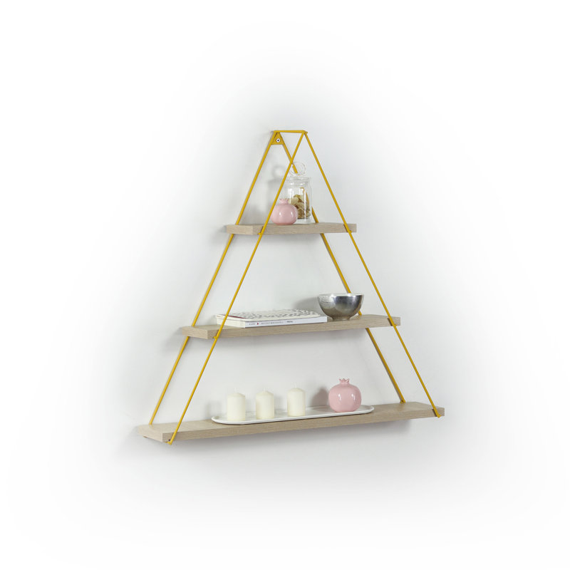 Moset Floating Wall Decor Wall Mounted Rustic Decorative Hanging Metal Bracket Triangle Shelf For Books, Oak/Yellow, Oak