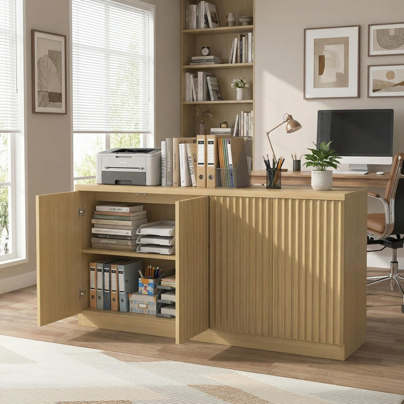 62.8" Wide Storage Cabinet Credenza with 4 Fluted Doors Sideboard, Contemporary Natural, Natural