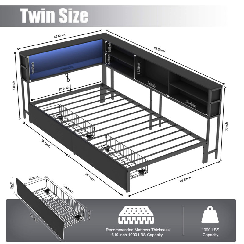 Twin Corner Daybed With Storage Bookcase, Drawers, LED Lights & Charging Station For Kids Bedroom, Black