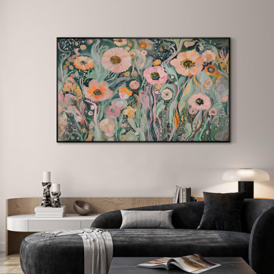 Extra Large Wall Art Fabric Print - Whimsical Garden Bloom, Colorful Abstract Floral Artwork Decor for Living Room or Bedroom - "Frame Assembly Required (Unfinished Frame)"