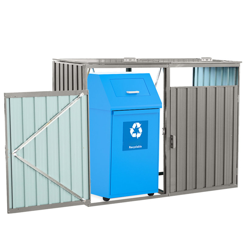 Remise à ordures en acier galvanisé gris - peut contenir 2 poubelles, facile à vider et à nettoyer avec un rangement en métal pulvérisé pour l'acier pour la pelouse, la rouille, les égratignures et la ventilation