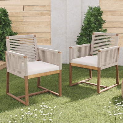 Ensemble de 2 chaises de salle à manger d'extérieur, fauteuil de patio en bois d'acacia avec dossier et accoudoirs en corde et coussin lavable
