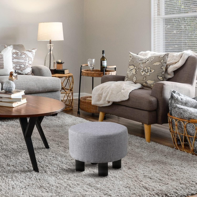 Wood Accent Stool, Dark Gray Linen