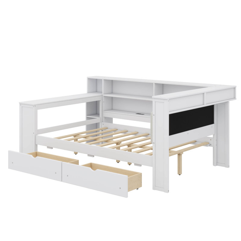Lit profilé avec supports de rangement, tiroirs, prise de courant, éclairage à DEL et poste de travail, Beige, Lit double
