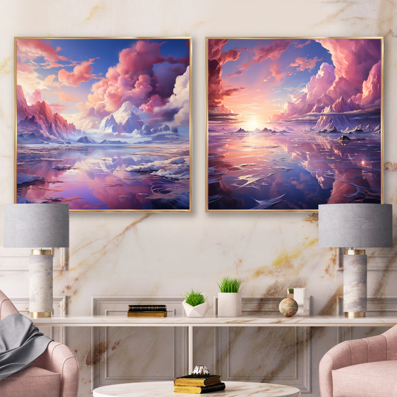 Kawaii Landscape Clouds III - ensemble de 2 nuages carrés, Cadre flottant doré, H 36 po x l 73 po