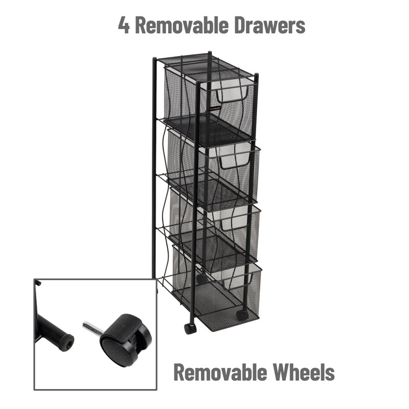 Black Metal Mesh 4-Drawer Mobile Storage Trolley