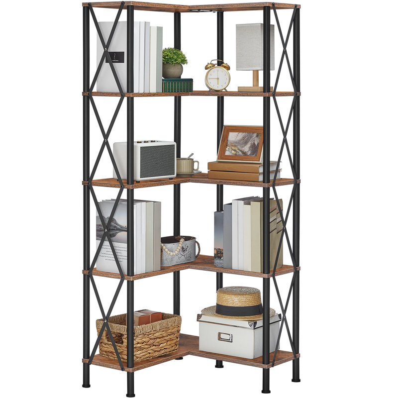 Corner Bookshelf, 5-Tier L-Shaped Bookcase, Industrial Open Display Shelf Tall Storage Organizer