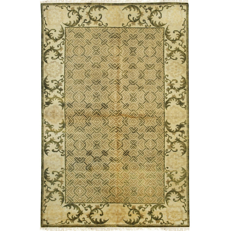Green Hand-Knotted Wool Scrolled Leaf Border Geometric Modern Contemporary Carpet Rug, 8' x 10'