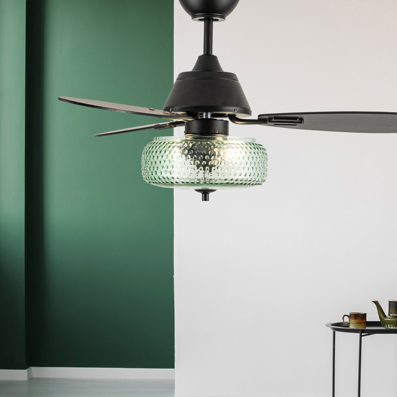 42"W Cecile LED Indoor Ceiling Fan With Hand-Blown Seafoam Green Glass Shade With Remote Control, Black
