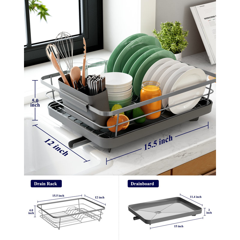 Dish Drying Rack - Compact Dish Rack with Utensil Holder & Adjustable Water Outlet, Rust-Proof & Scratch-Resistant Drying Rack for Kitchen, 14.5" x 12.0" x 4.0", Grey