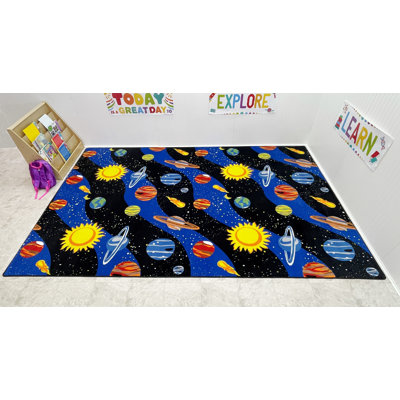Tapis noir / bleu / jaune touffeté à système solaire