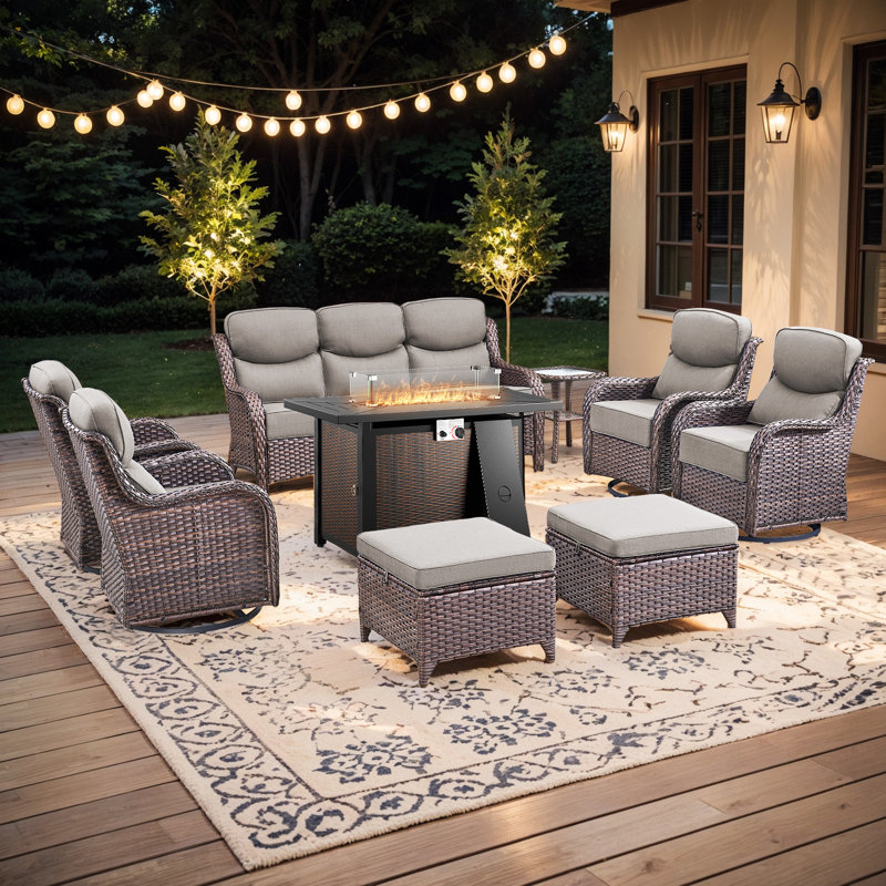 Wickes 9-Piece Outdoor Wicker Patio Rectangle Metal Fire Pit Table Conversation Set With 4 Swivel Gliders, Ottomans And Side Table