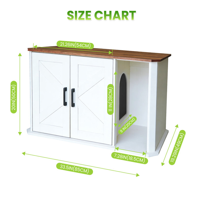 Enceinte de litière pour chat, armoire cachée en bois avec portes doubles, contrôle des odeurs, entrée latérale, brun blanc