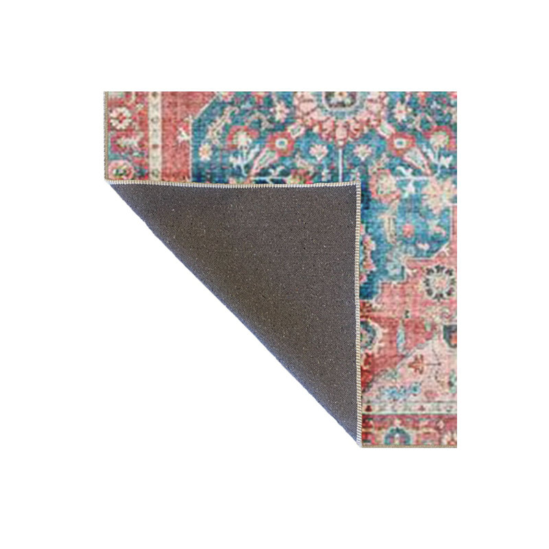 Tapis décoratif bleu et rose à motif traditionnel lavable à la machine, Carré 3 pi 3 po