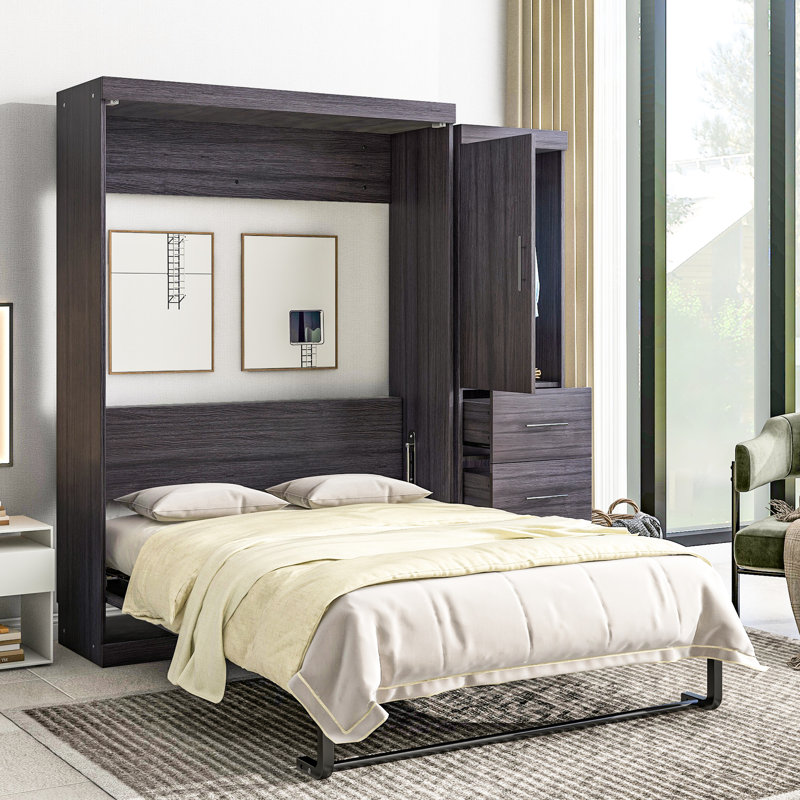 Lit pliant gris avec garde-robe et tiroirs, Lit double