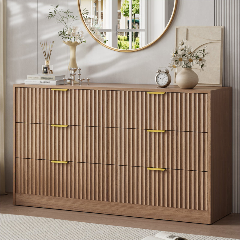 Commode cannelée pour chambre à coucher avec 6 tiroirs, commode moderne de 55,1 po de largeur avec poignée en métal, Brown