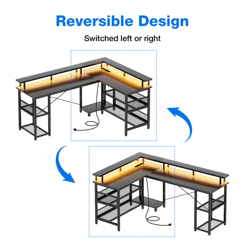 Latarya 59''W L-Shaped Desk with Steel Storage Shelves,Reversible Computer Desk with Built-in Outlets and LED Strip Lights