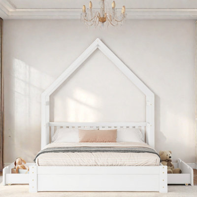 Wood House Platform Bed With Guardrail And 2 Drawers