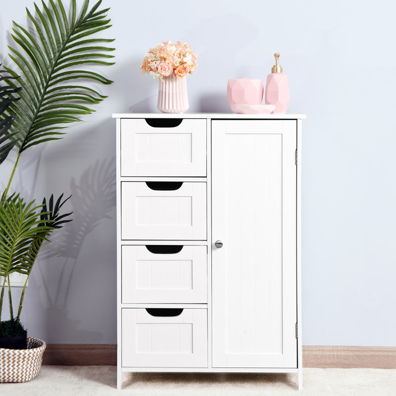 Armoire de salle de bain moderne en blanc - Tablette réglable et 4 tiroirs, fabriquée en bois massif pour une durabilité à long terme