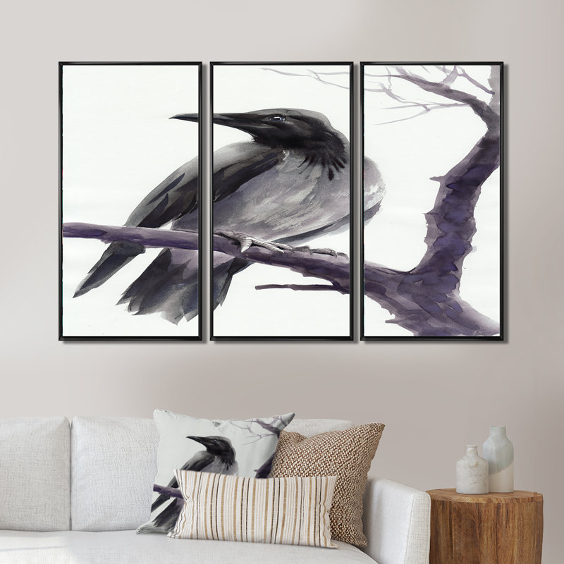Big Crow on a Branch - 3 pièces, cadre flottant, impression sur toile, H 28 po x l 36 po, Cadre noir