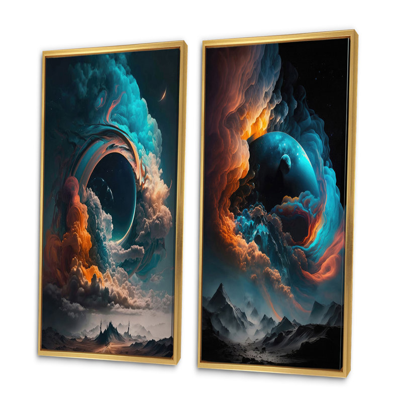 «Futuristic Landscape In Space I», 2 pièces sur toile, Encadrement doré, H 32 po x l 32 po