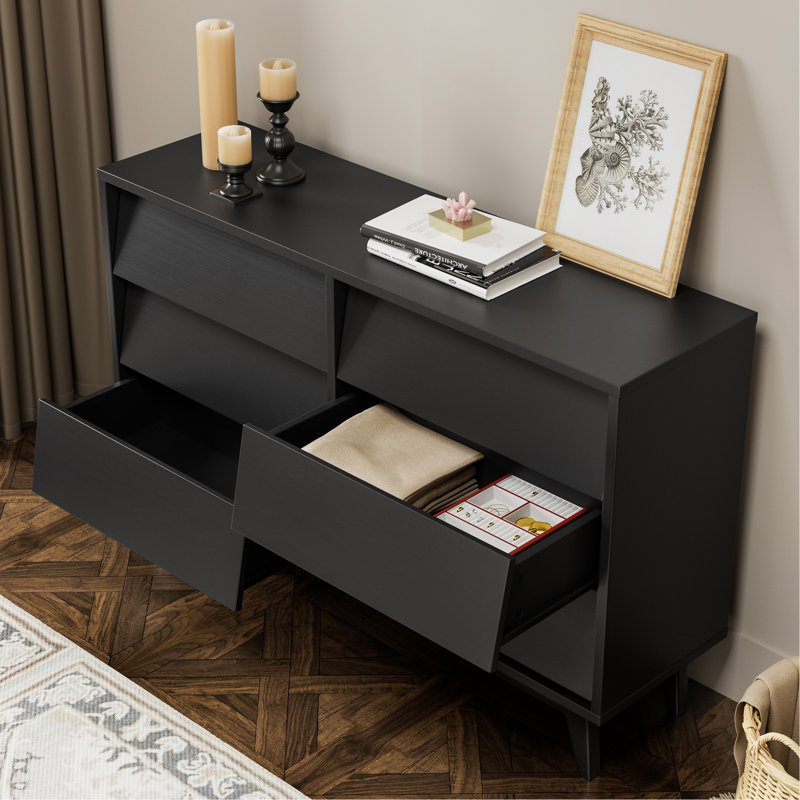 La commode double 6 tiroirs présente un design rétro et biseauté
