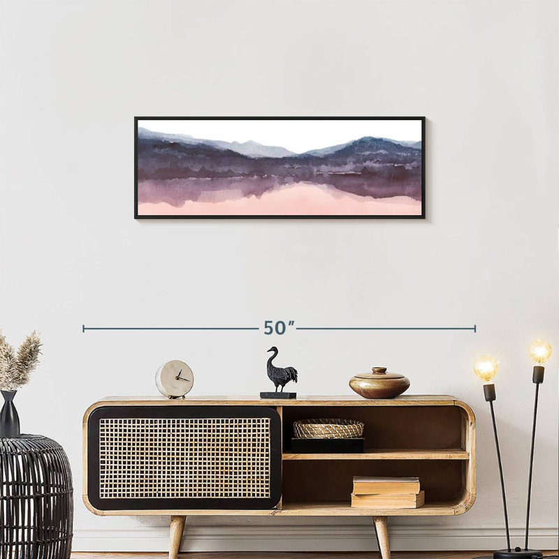 Aquarelle paysage IV rosé indigo III, Cadre flottant noir, 37 po x 13 po
