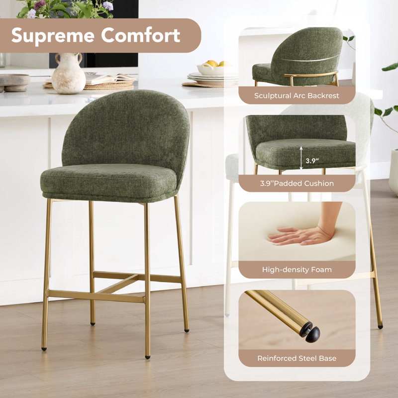27'' Modern Counter Stools With Metal Frame, Moss Green Seat/Light Bronze Frame