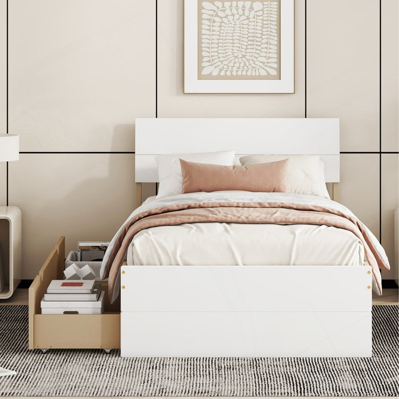 Structure de lit simple moderne avec 2 tiroirs pour tête et pied de lit blanc brillant, White/Light Oak