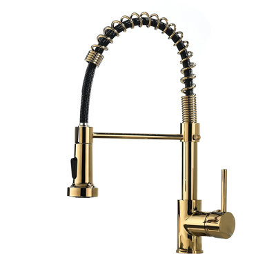 Robinet d'évier de cuisine à levier unique en noir et or - sortie d'eau multifonctionnelle, surface, installation de bricolage avec matériau en laiton rétractable, revêtement par points, procédé simple
