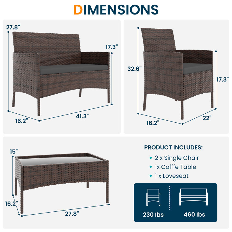 Ensemble de conversation d'extérieur en osier pour 4 personnes avec coussins et table basse, Gris