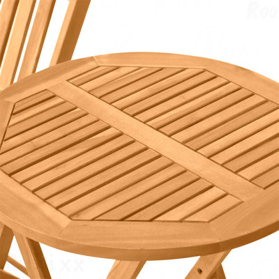 Ensemble bistro 3 pièces en bois d'acacia, table de patio ronde à lattes et 2 chaises pliantes