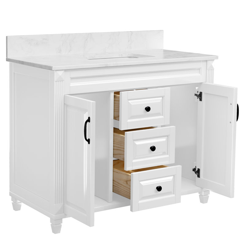 Meuble-lavabo simple 42 po avec plateau en marbre et lavabo en céramique, Blanc